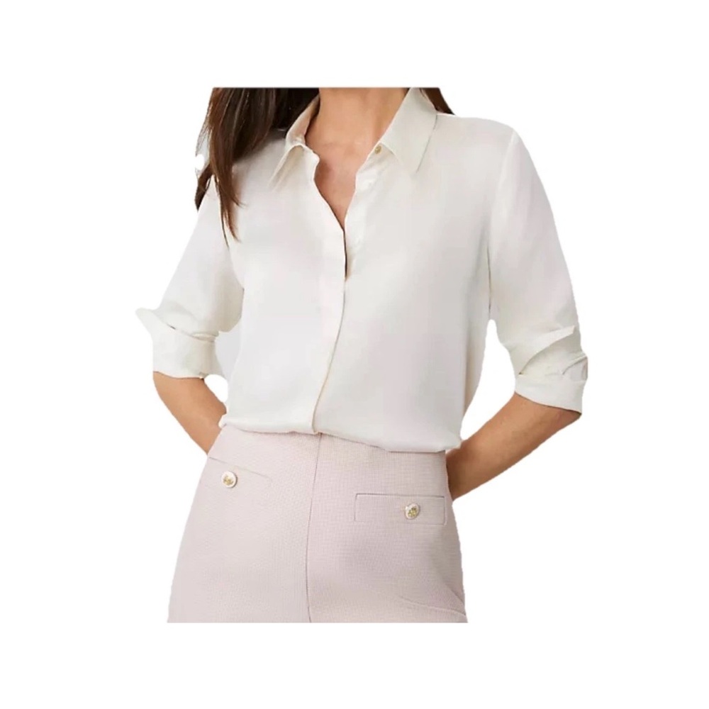 Ann Taylor Women’s Satin Career Blouse Size Petite Medium Winter White